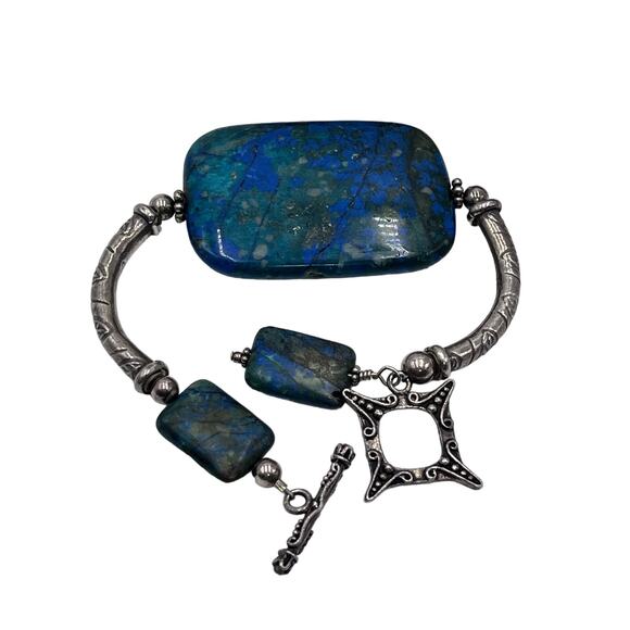 Artisan Made Green Blue Azurite Malachite Sterling Silver Toggle Bracelet 44g - Picture 2 of 12